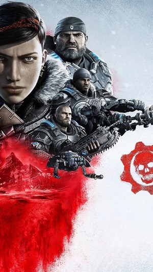 Gears 5 characters with weapons and red paint