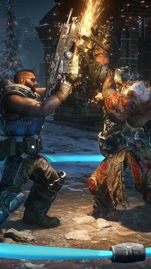 Gears 5 character fighting a monster