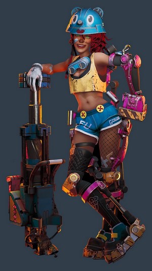 Gizmo from Bleeding Edge with a jackhammer