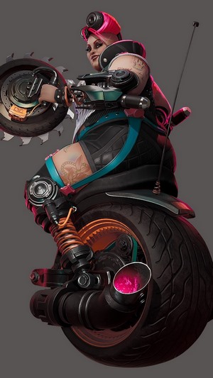 Buttercup from Bleeding Edge on a motorcycle