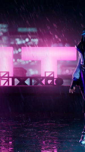 Character from Fortnite standing on a rooftop in the rain