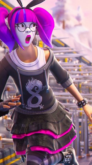 Fortnite character with purple pigtails and dragon hoodie