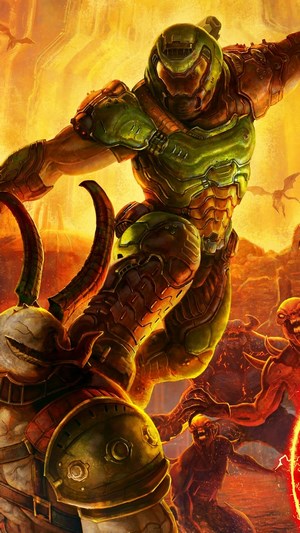 Doom Slayer fighting demons in Doom Eternal