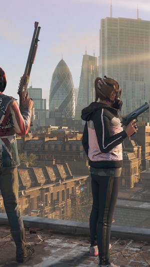 Two characters with masks and guns on a rooftop in London
