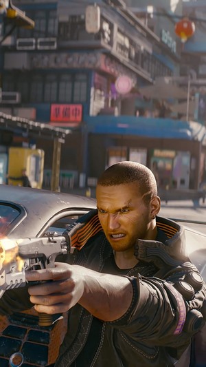 V from Cyberpunk 2077 shooting a gun