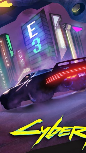 Cyberpunk 2077 Quadra V-Tech car with E3, Sony, Nintendo, Microsoft buildings