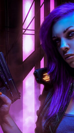 Female V from Cyberpunk 2077 holding a gun