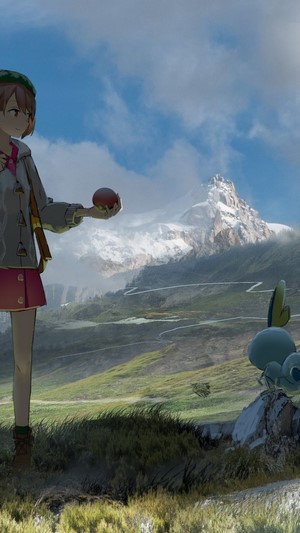 Female Pokemon Trainer with Sobble in front of mountains