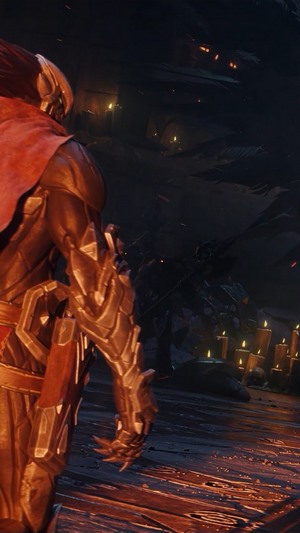 Strife from Darksiders Genesis in a dark chamber