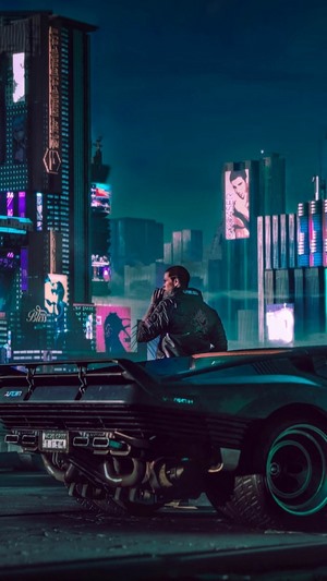 V from Cyberpunk 2077 sitting by a car at night