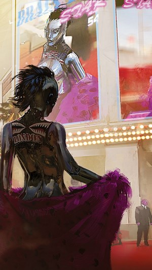 Cyberpunk 2077 art of a chrome mannequin and a woman