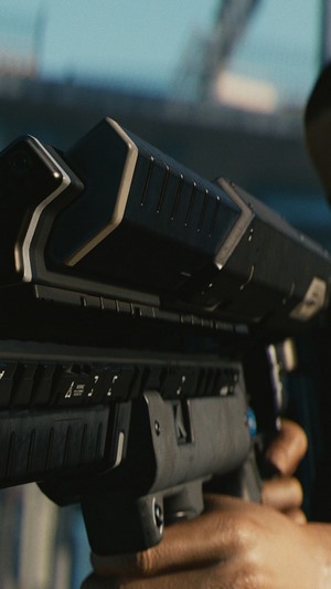 V from Cyberpunk 2077 holding a weapon