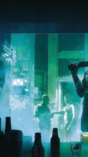 Cyberpunk 2077 art with people in a bar