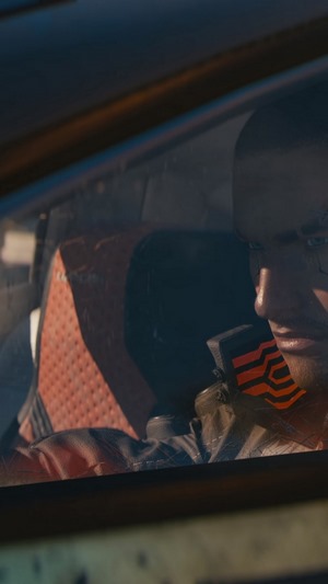V from Cyberpunk 2077 in a vehicle