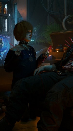 Girl with piercings and a man in Cyberpunk 2077