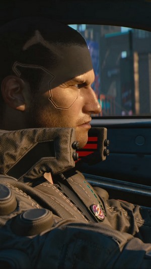 V from Cyberpunk 2077 in a car