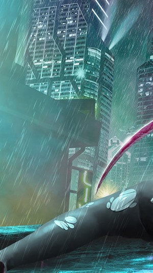 Cyborg girl in Cyberpunk 2077 city during rain