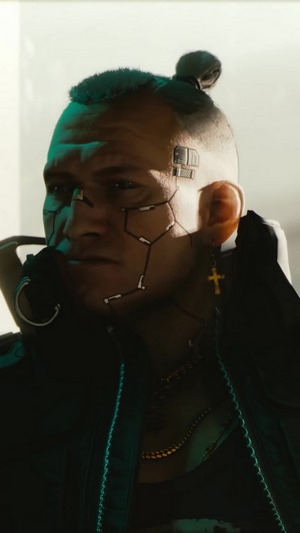 Man with cybernetic implants from Cyberpunk 2077