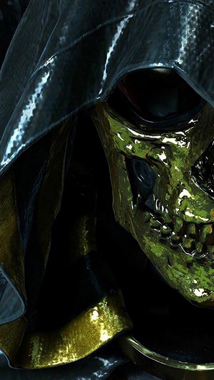 Higgs Monaghan from Death Stranding with a gold skull mask