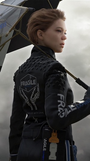 Fragile from Death Stranding holding an umbrella
