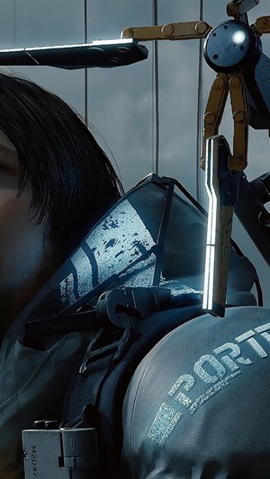 Sam from Death Stranding with a robotic companion