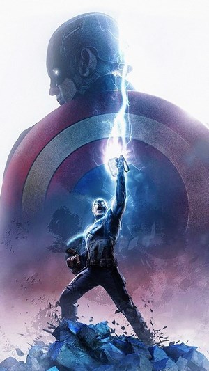 Captain America from Avengers: Endgame wielding Thor's Hammer