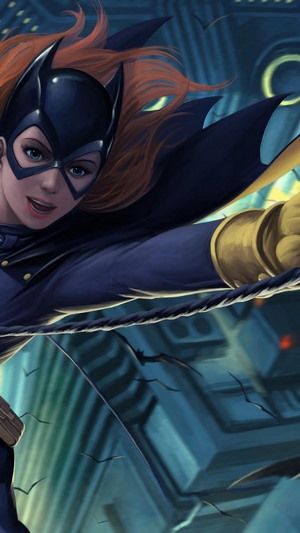 Batgirl swinging on a rope