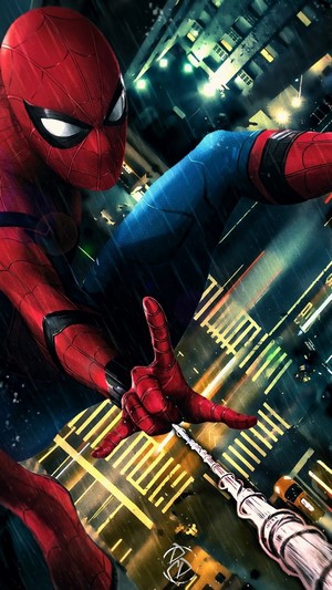 Spider-Man swinging through a rainy city at night