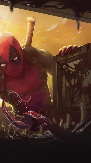 Deadpool holding a computer case with black goo
