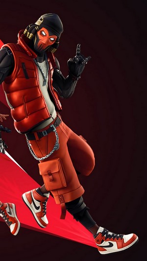Fortnite character wearing red vest and orange pants