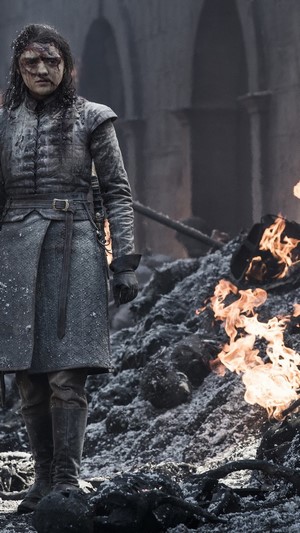 Arya Stark from Game of Thrones in a desolate landscape