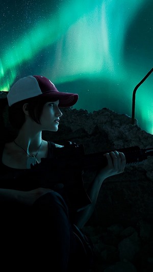 Girl with rifle under aurora borealis