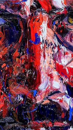 Abstract painting with red, blue, and black colors