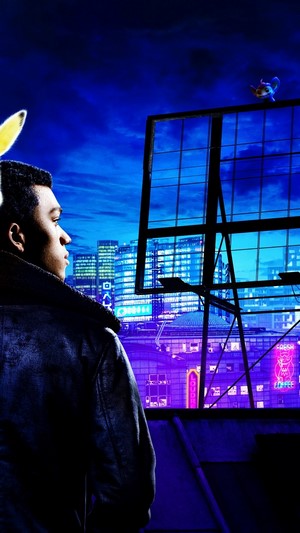 Detective Pikachu and Tim Goodman overlooking a city
