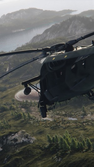 Helicopter flying over a mountainous landscape in Ghost Recon Breakpoint