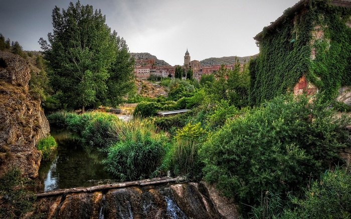 Village with a river and overgrown building