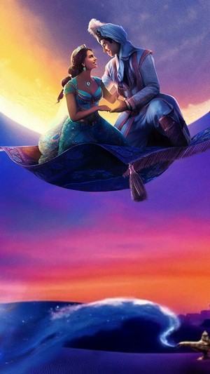 Aladdin and Jasmine flying on a magic carpet