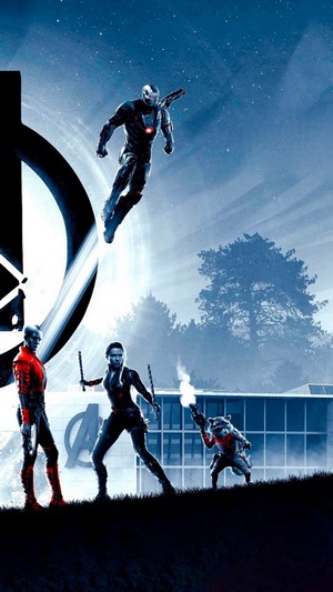 Avengers: Endgame characters in front of Avengers HQ