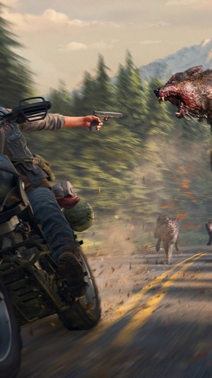 Deacon St. John from Days Gone fighting wolves on a motorcycle