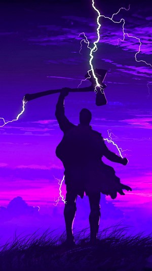 Thor with Stormbreaker during a lightning storm
