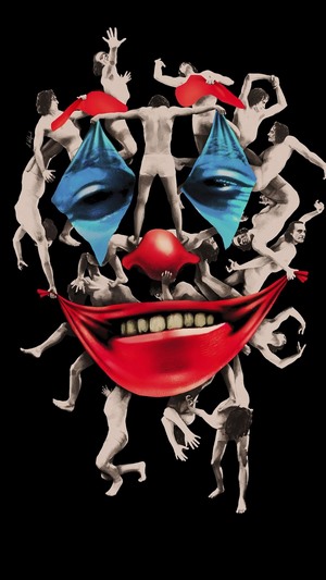 Collage of figures forming a clown face