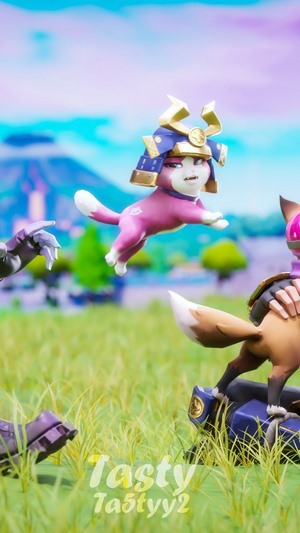 Fortnite cat character in samurai armor jumping