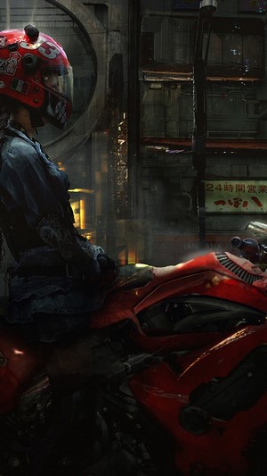 Cyberpunk woman with motorcycle in futuristic city