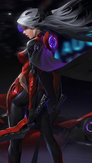 Cyberpunk warrior girl with swords and futuristic armor