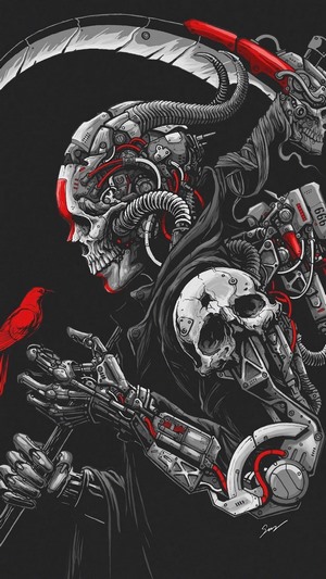 Cyborg Grim Reaper with Scythe and Red Bird