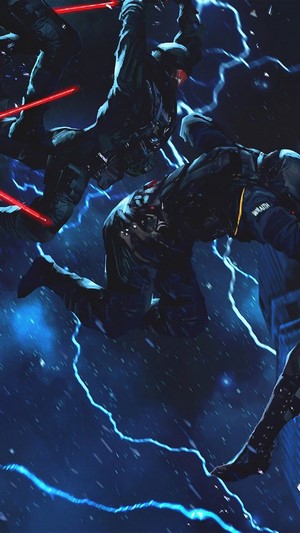 Soldiers with red lightsabers in a stormy, cyberpunk setting