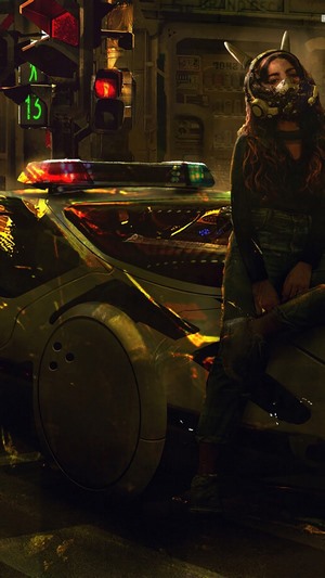 Woman in mask sitting on a cyberpunk police car