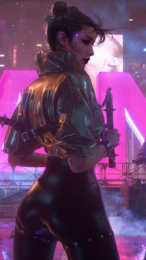 Cyberpunk girl with sword in neon city