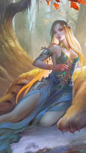 Fantasy girl with blonde hair in a blue dress in a forest