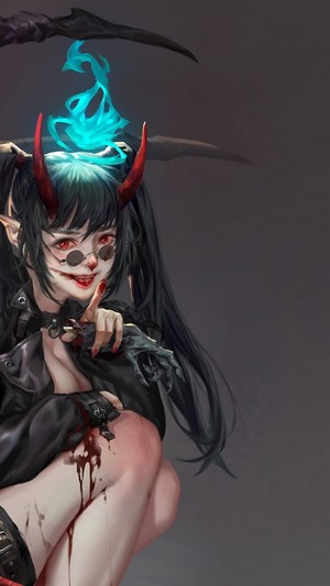Demon girl with red horns and blue flames